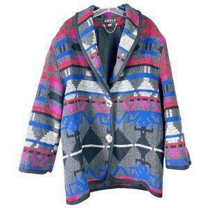 VTG Joffeld Medium Aztec Wool Blend Lined Blanket Oversized Coat Pockets USA EUC